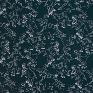 Könnte beinhalten: Ein blaugrüner Stoff mit einer weißen Umrandung verschiedener Dinosaurier, die sich in einem Muster wiederholen. Zu den Dinosauriern gehören ein Stegosaurus, ein Tyrannosaurus Rex und ein Velociraptor.