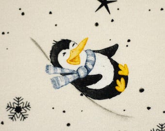 French Terry “Funtarctics” – Penguins & Snowflakes in Natural White | Design Sabine Marschall