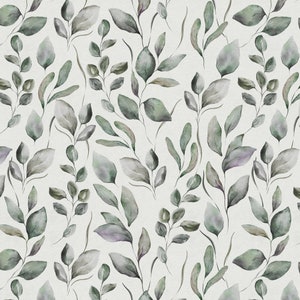 Könnte beinhalten: Ein nahtloses Muster mit Aquarell-Illustrationen von grünen Blättern und Zweigen auf weißem Hintergrund. Die Blätter sind in verschiedenen Grüntönen gehalten und haben eine weiche, aquarellierte Textur.