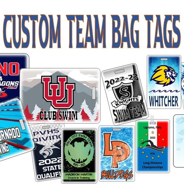 Custom Team Swim Bag Tag. Perfect swim team gift!  Customize your team bag tag. Waterproof. Made in USA.