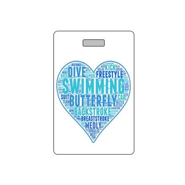 Swim Bag Tag. Customizable. Waterproof. Made in USA.  Swimmer Gift. Swim Heart.