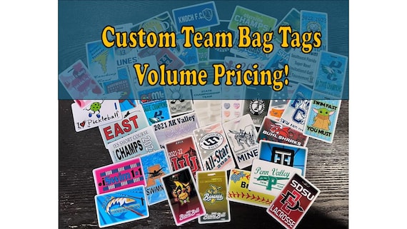 FULLY CUSTOMIZED Bag Tags, Over 25,000 Sold! Custom Bag Tags with Loop, Double Sided, Team Bag Tags, Sports Bag Tags, Swim Bag Tag.