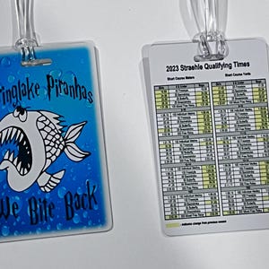 Może przedstawiać: Dwustronna zawieszka do bagażu. Jedna strona przedstawia kresk&oacute;wą piranię z napisem "Springlake Piranhas We Bite Back" na niebieskim tle. Druga strona wyświetla czasy kwalifikacyjne Straehle 2023 dla zawod&oacute;w pływackich.