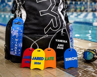 Swim Bag Tag - Kickboard.  Customizable up to 3 words. Multiple color options. Volume pricing discounts available. Great Swim Team Gift!