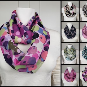Infinity scarves with multi-colors florals and animal prints, Lightweight silky soft chiffon scarf for all seasons, Made in USA