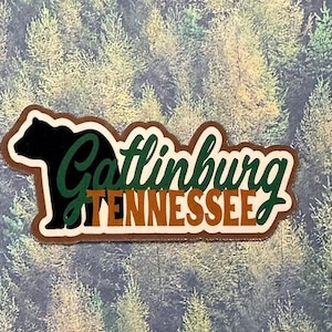 May include: A brown, black, and green sticker with a black bear silhouette and the text "Gatlinburg Tennessee".