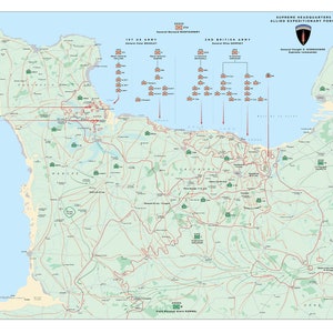 Kaart Operatie Overlord en de campagne in Normandië, 1944: uitgebreide kaart met informatie over D-Day en de slag om Normandië, 6 juni 1944