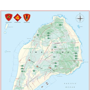 Mapa bitwy o Iwo Jimę z 1945 r. w wojnie na Pacyfiku