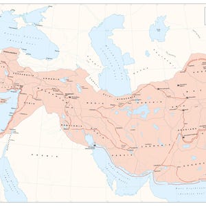 May include: A map depicting the Empire of Alexander the Great, spanning from 336-323 B.C. The map shows the empire's extent in a salmon color, with blue representing the seas. The title "THE EMPIRE OF ALEXANDER THE GREAT" is at the top.