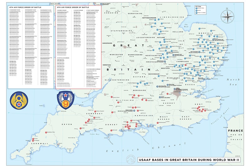 USAAF Bases in Great Britain During World War II Map US 8th Air Force and 9th Air Force Bases During the Second World War Map image 1