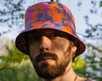 Reversible Recycled Festival Bucket Hat in Dancer and Animal Print | Unisex Retro Summer Hat | Orange Pink and Blue Hat | Sustainable Hat
