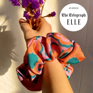 Sustainable Hair Scrunchie in Orange Zesty Print | Recycled and Handmade in UK | Womens Luxury Silky Scrunchie | Stocking Filler | Christmas