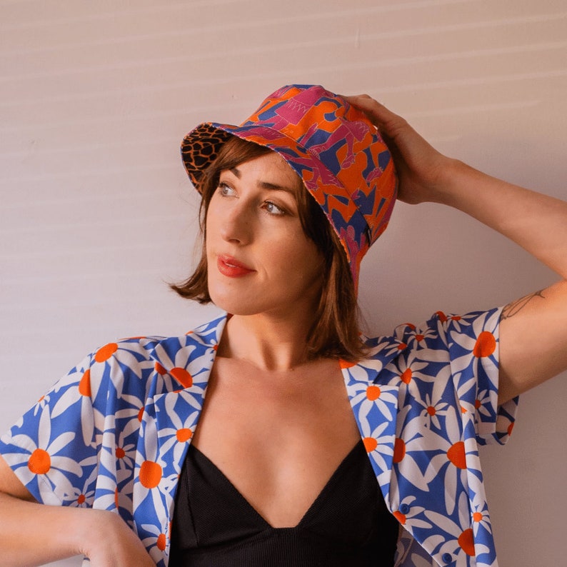 Reversible Recycled Festival Bucket Hat in Dancer and Animal Print Unisex Retro Summer Hat Orange Pink and Blue Hat Sustainable Hat image 3