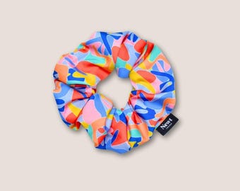 Sustainable Hair Scrunchie Pink Blue Abstract Print | Recycled and Handmade in UK | Womens Luxury Silky Scrunchie