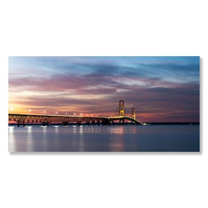 Mackinac Bridge sunset large panoramic photo; Michigan Upper Peninsula suspension bridge; wall art picture for living room, office, bedroom