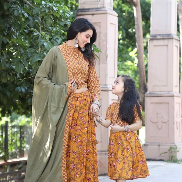 Cotton Hand Block Printed Designer Top With Skirt & Cotton dupatta Set, Lehanga choli, Cotton skirt top and dupatta, Mon and daughter dress