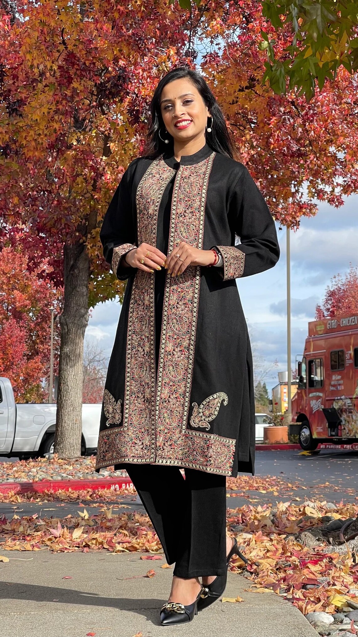 Black Paisley Yarn Dyed Winter Straight Kurta with Pants and Dupatta Set main image 1