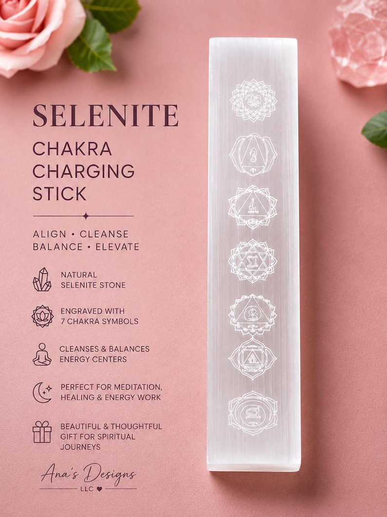 May include: A rectangular selenite charging stick featuring seven engraved chakra symbols arranged vertically. The text on the left reads: SELENITE CHAKRA CHARGING STICK, ALIGN CLEANSE BALANCE ELEVATE, NATURAL SELENITE STONE, ENGRAVED WITH 7 CHAKRA SYMBOLS.