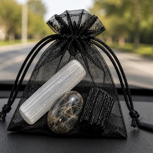May include: A black sheer organza drawstring pouch containing three stones: a long, white, vertically striated selenite wand, a smooth, oval-shaped, dark gray and brown mottled stone, and a short, black, vertically grooved tourmaline crystal.