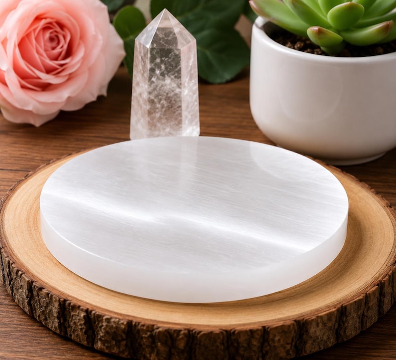 May include: A circular, white selenite charging plate with a smooth, fibrous texture. The disc is positioned flat, showcasing its reflective, pearlescent surface and clean, rounded edges, providing a neutral base for displaying various small objects.