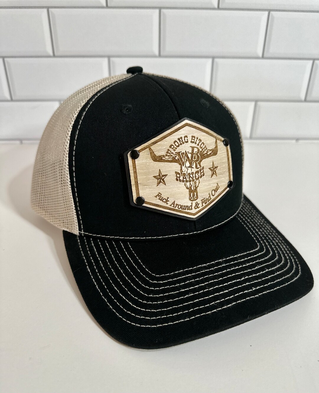 The Wrong Bitch Ranch Premium Snapback Trucker Cap, Wood Veneer ...