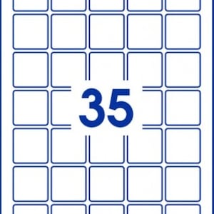 May include: A sheet of 35 white labels with blue borders. The labels are arranged in a grid pattern.