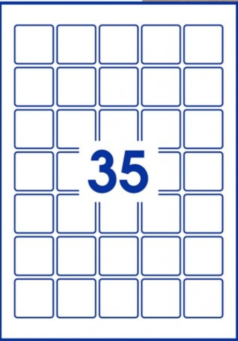 May include: A sheet of 35 white labels with blue borders. The labels are arranged in a grid pattern.