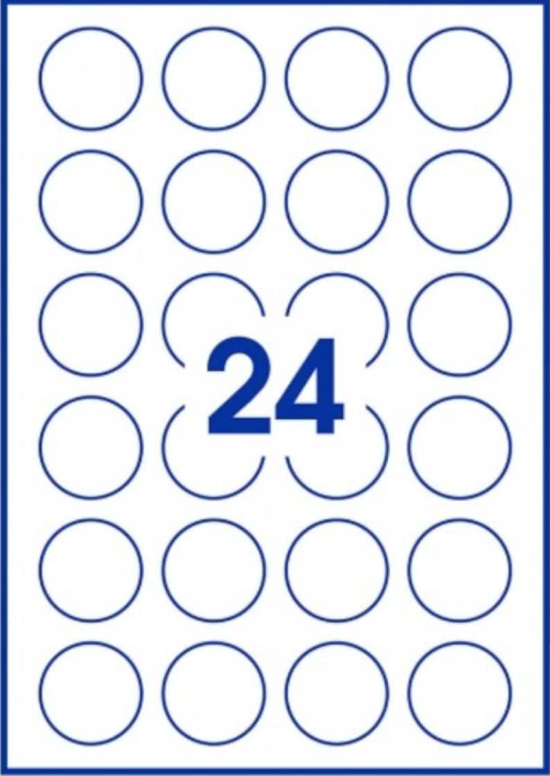 May include: A white rectangular sheet featuring a grid of twenty-four blue circular outlines arranged in four columns and six rows. The number 24 is printed in large blue text in the center, overlapping the two middle circles in the third row.