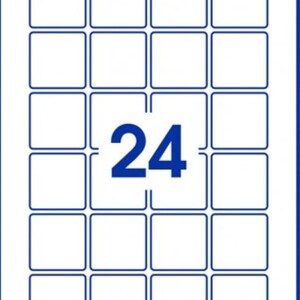 May include: A sheet of 24 white labels with blue borders. The labels are arranged in a 4x6 grid.