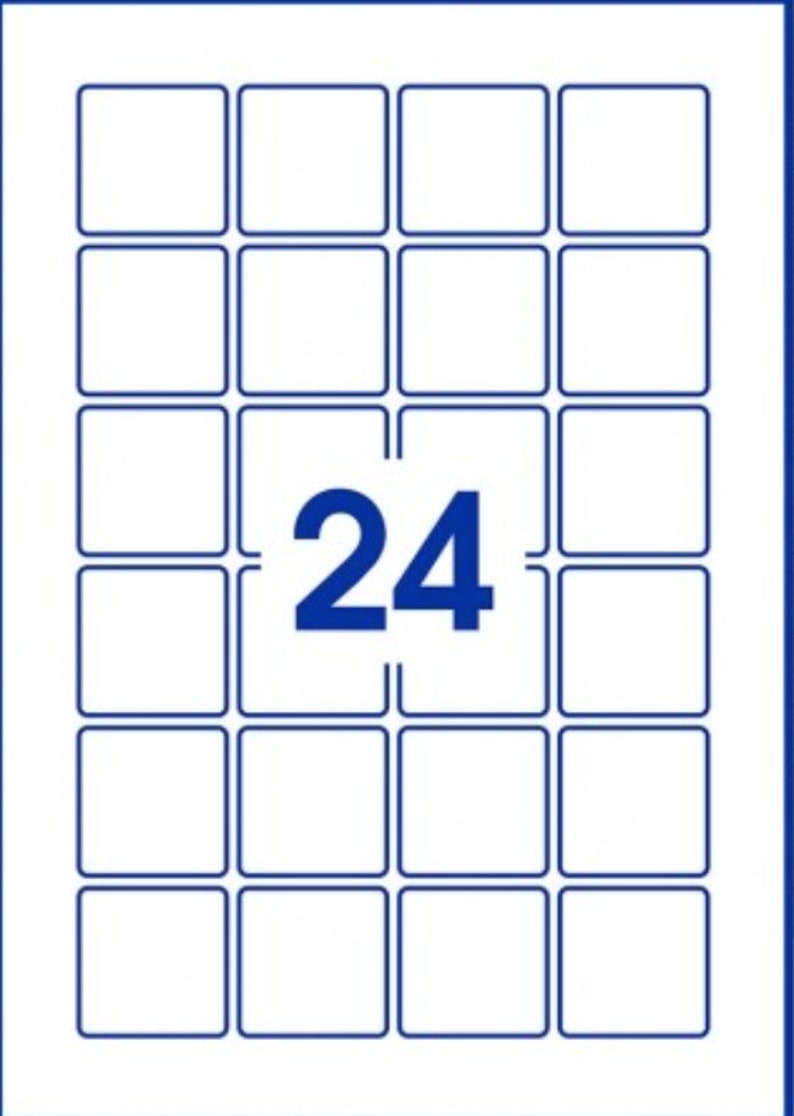 May include: A sheet of 24 white labels with blue borders. The labels are arranged in a 4x6 grid.