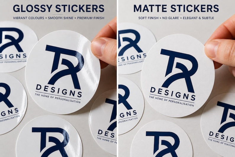 May include: Round white stickers with a dark blue logo featuring the letters TR and the text DESIGNS THE HOME OF PERSONALISATION. The left side shows glossy stickers with a smooth shine, while the right side shows matte stickers with no glare.