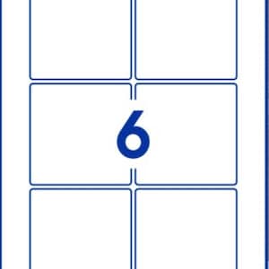 May include: A sheet of six blank white labels with blue borders. The labels are arranged in two rows of three. The number "6" is printed in blue in the center of the sheet.