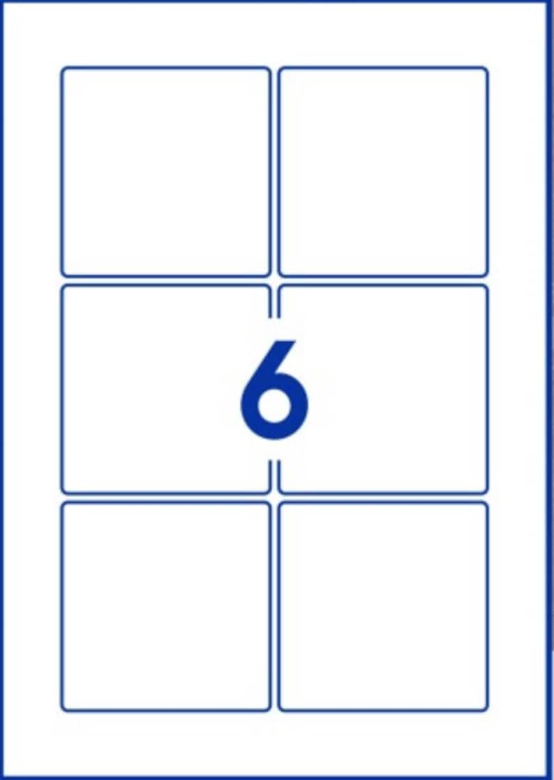 May include: A sheet of six blank white labels with blue borders. The labels are arranged in two rows of three. The number "6" is printed in blue in the center of the sheet.