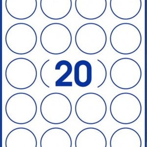 May include: A white rectangular sheet featuring a grid of sixteen blue circular outlines. The number 20 is printed in large blue text in the center of the sheet, positioned between two curved blue lines that frame the central circle area.
