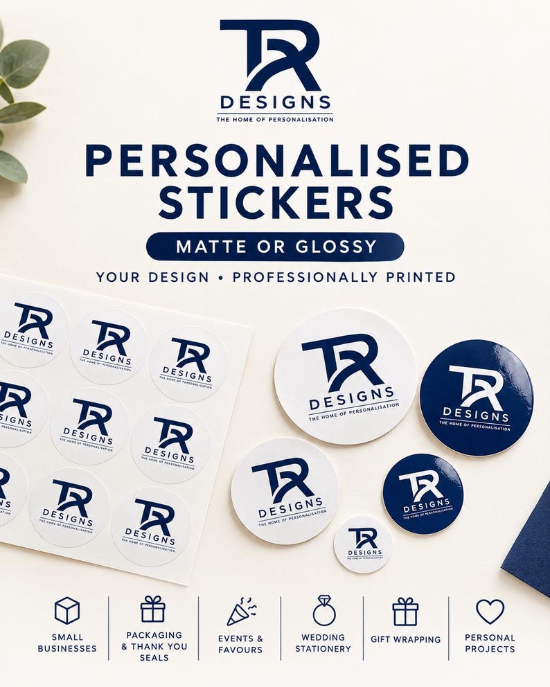 May include: A collection of circular stickers featuring the dark blue TR Designs logo. The display includes a sheet of white stickers, several loose white stickers, and two dark blue stickers of varying sizes, all professionally printed.