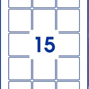 May include: A sheet of 15 white labels with blue borders. The labels are arranged in a 3x5 grid.