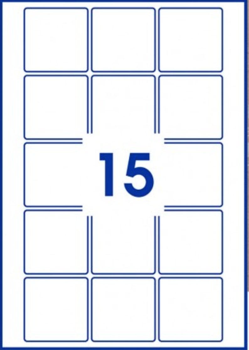 May include: A sheet of 15 white labels with blue borders. The labels are arranged in a 3x5 grid.