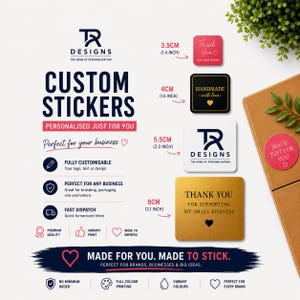 May include: A collection of square and circular custom stickers in various sizes including 3.5, 4, 5.5, and 8 cm. The stickers feature text such as Thank You, Handmade with love, and TR Designs. The display includes branding information and icons.