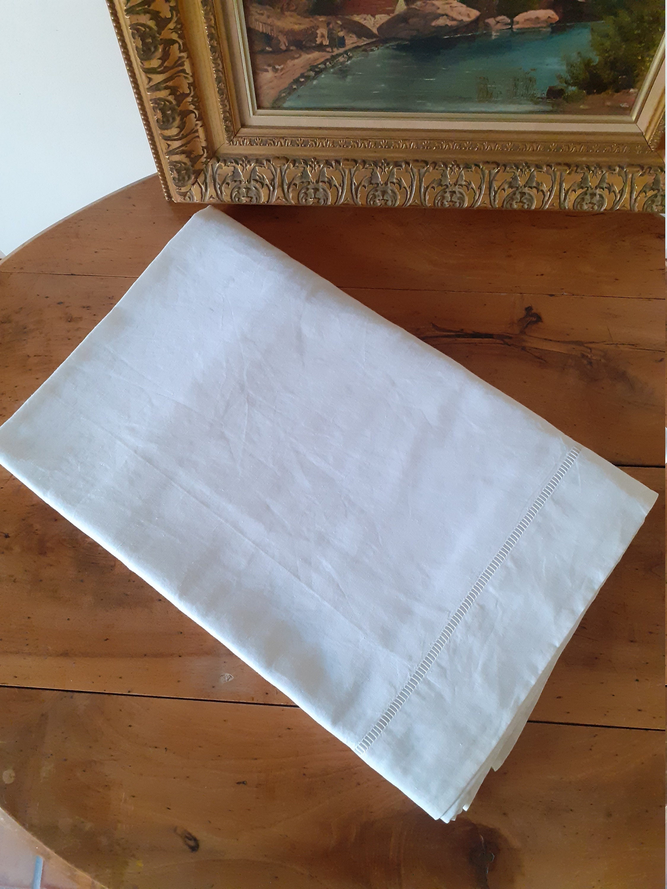 Drap Plat Metis Fleur Bleue Français en Coton Vintage Blanc Linge de Lit ou Rideau