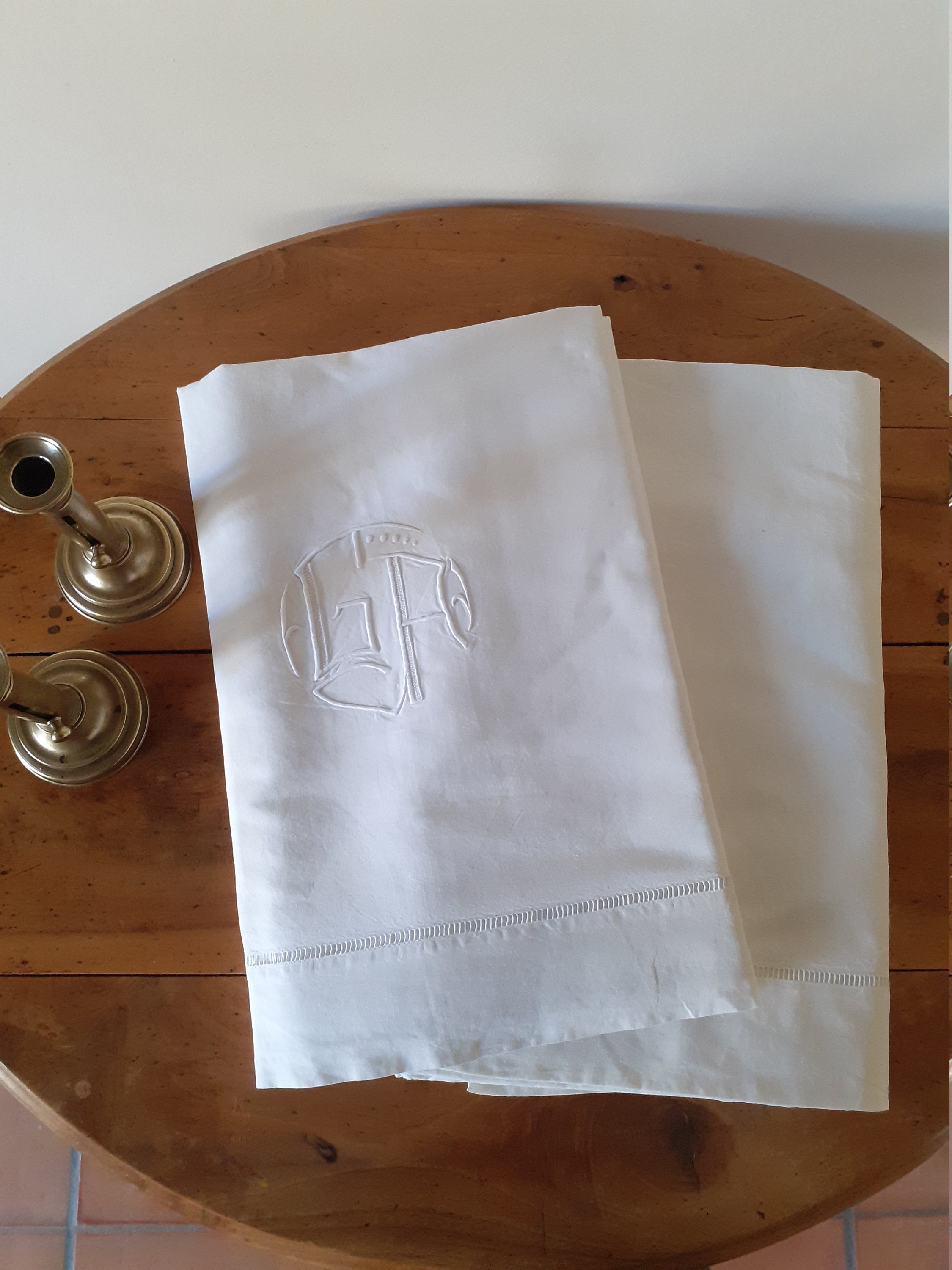 Drap Plat ou Rideau Français en Coton Ancien Vintage Blanc Monogramme Ga Linge de Lit Maison