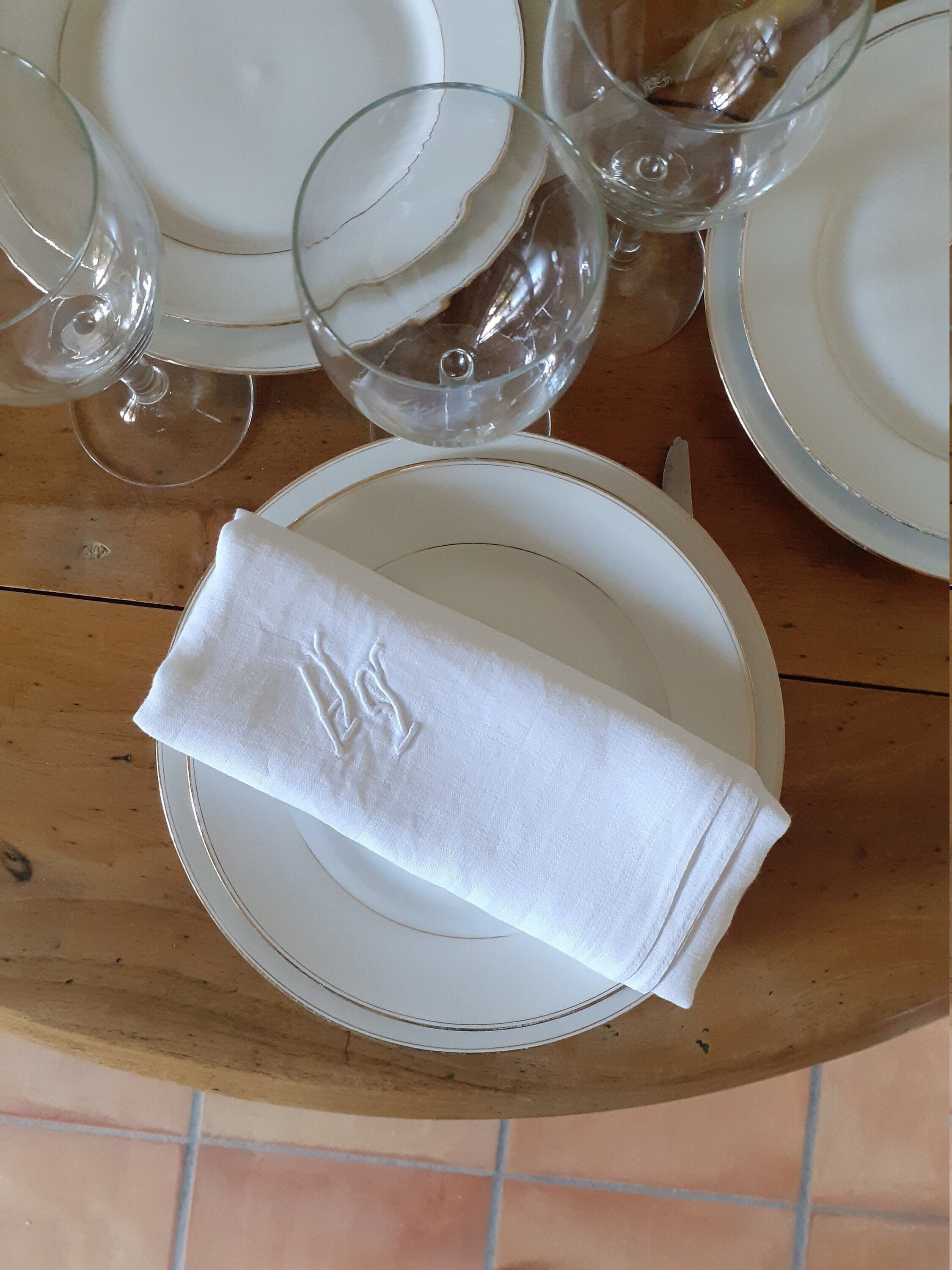 5 Grandes Serviettes de Table Vintage Françaises Coton Damassé