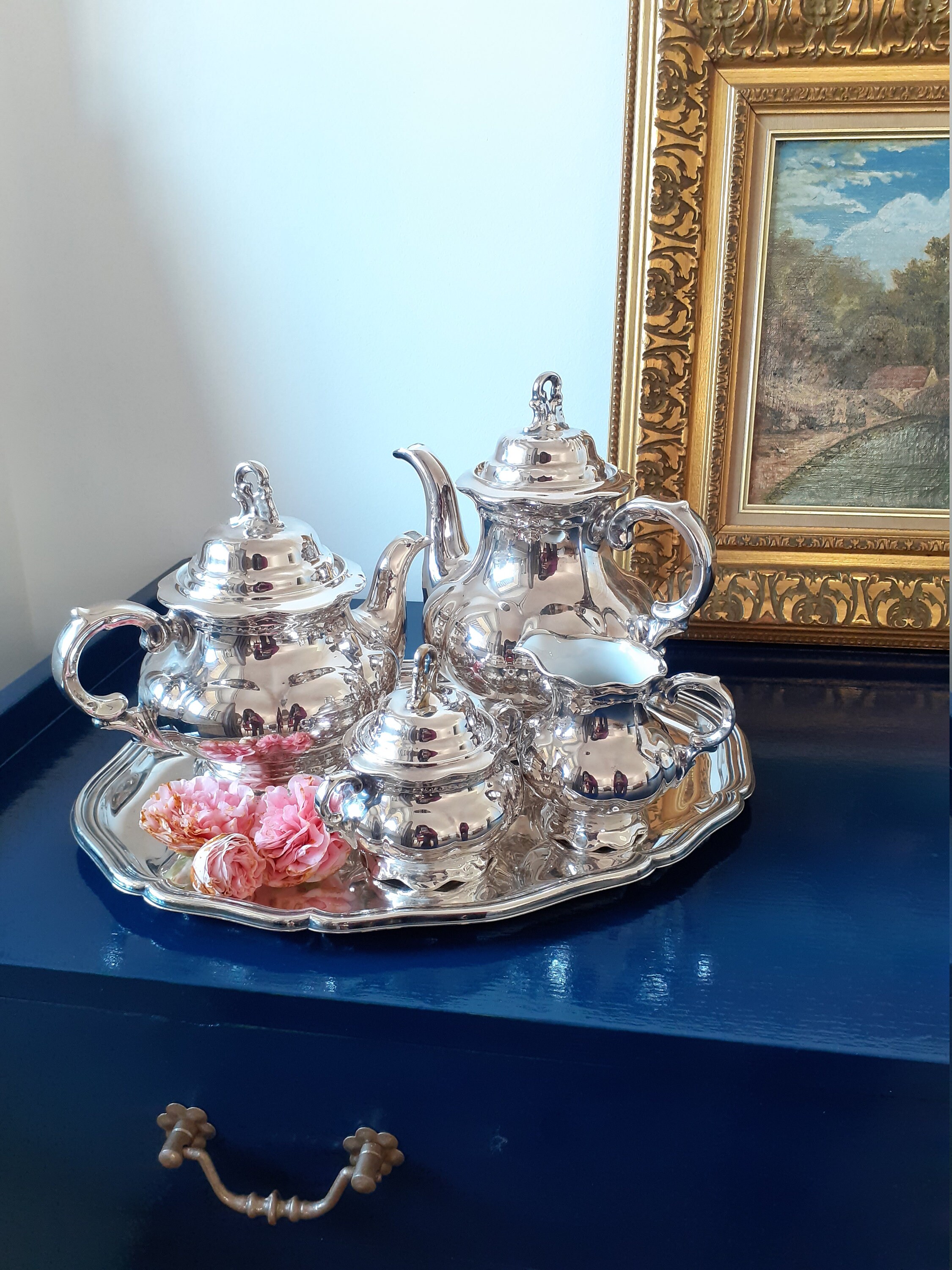 Service à Thé/Café en Métal Argenté et Porcelaine 5 Pièces