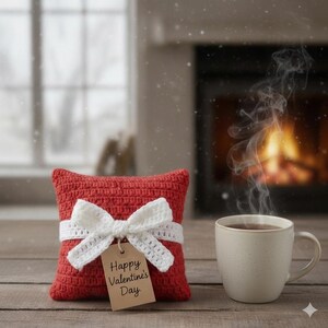 Peut inclure: Un coussin rouge crocheté avec un nœud blanc et une étiquette indiquant "Happy Valentine's Day". Une tasse blanche avec de la vapeur qui s'en échappe est posée à côté du coussin sur une surface en bois. Une cheminée est en arrière-plan.