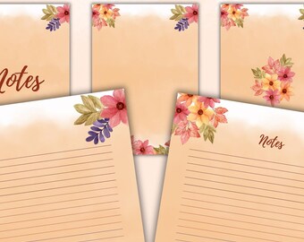 May include: A set of five printable stationery designs featuring autumn floral illustrations. The designs include lined paper with a floral border and a note card with the word "Notes" in red text. The designs are available in A4, A5, and US letter sizes.