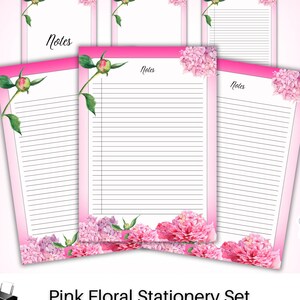 Carta a righe di cancelleria rosa Lettera stampabile Giardino floreale Download per ufficio bellezza fiori scrittura Note Pagine linee Adolescente Figlia Ragazze