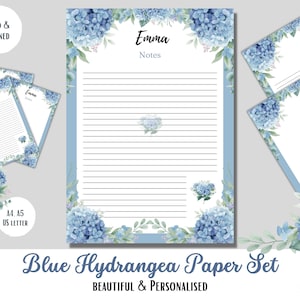 Papelería floral Cartas florales Descarga instantánea bloc de notas Página imprimible Cottage Core Paper Personalizado Floral Blue Hydrangea