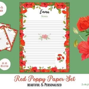 Papel de papelaria forrado Papoula Planejador digital Notas Página para impressão Folhas de escrita Carta Elegante Inserir Baixar caderno Floral personalizado