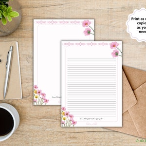 Briefpapier Geboortemaand oktober kosmos Roze bloem Bloemen Instant download gelinieerd schrijfblok Notitiepagina Afdrukbaar Cottage Core Paper Verjaardagen