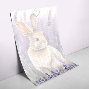 Conejo caprichoso en papel forrado de campo de lavanda / Descarga de papelería floral / Bloc de notas imprimible / Pen Pal & Bunny Note Pages / Cartas