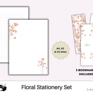Hoja de línea de papel de carta imprimible floral Papel de carta imprimible floral Papel de escribir Conjunto de escritura de cartas imprimible Papelería rosa mínima